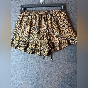 Sienna Sky Women’s Medium Shorts Leopard Print Brown Black Ruffle Elastic Waist